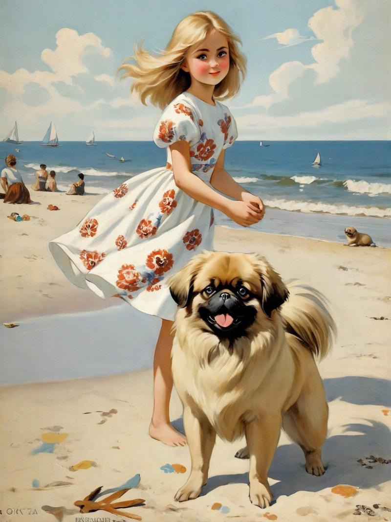 00132-716977063-a girl on the beach surrounded by Pekingese Russian popular print.jpg